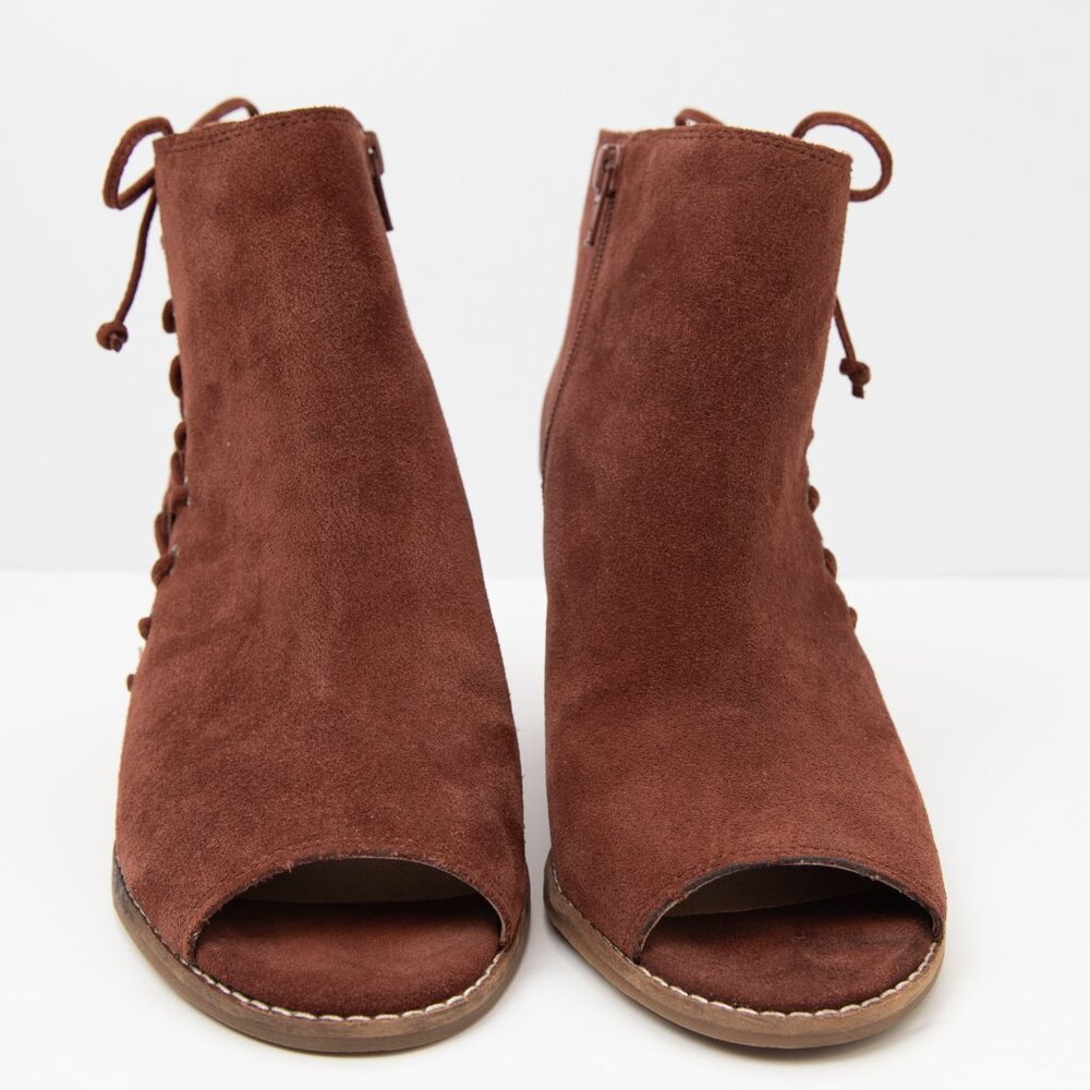 Lucky Brand Javelin Suede Booties Lace Up Peep Toe Wedge Heel Boot Size 9.5 - Picture 4 of 8